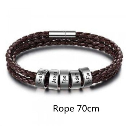 Personalized Mens Braided Genuine Leather Bracelet Stainless Steel Custom Beads Name Charm Bracelet For Men With Family Names